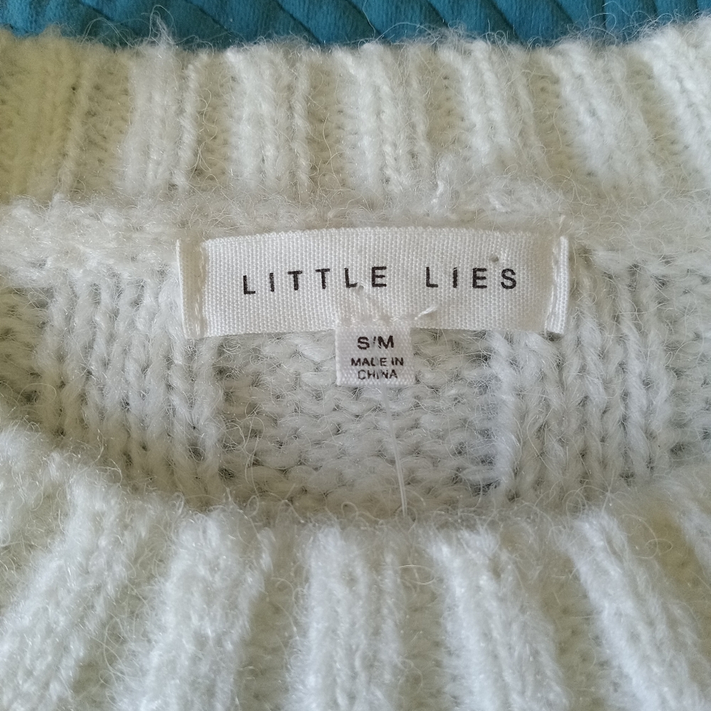 Little Lies Anthropologie White & Black Crew Neck Pullover Knit Sweater S/M - Picture 2 of 7